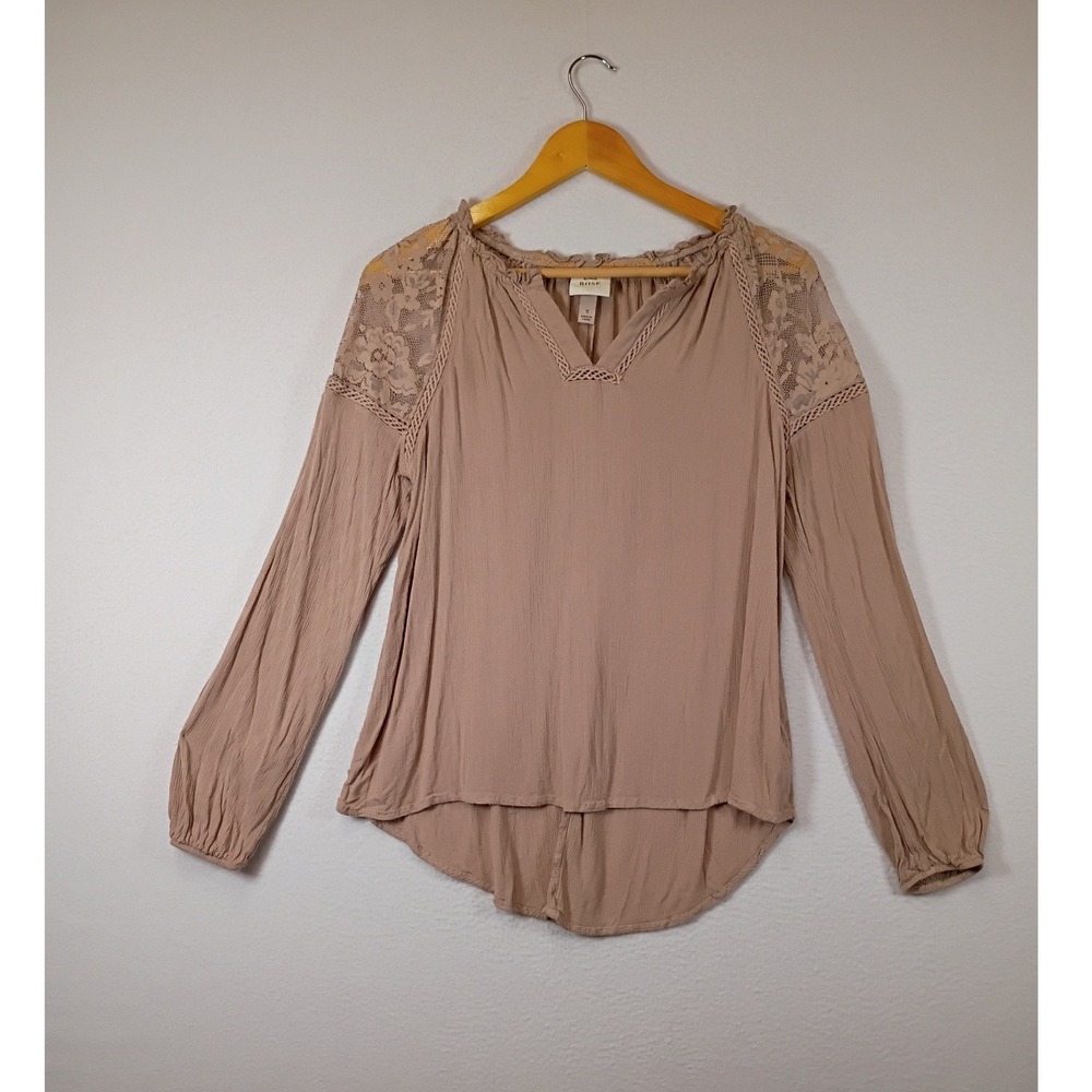 Boho Cottagecore Knox Rose Womens Small Mauve Lace Inset Long Sleeve Blouse